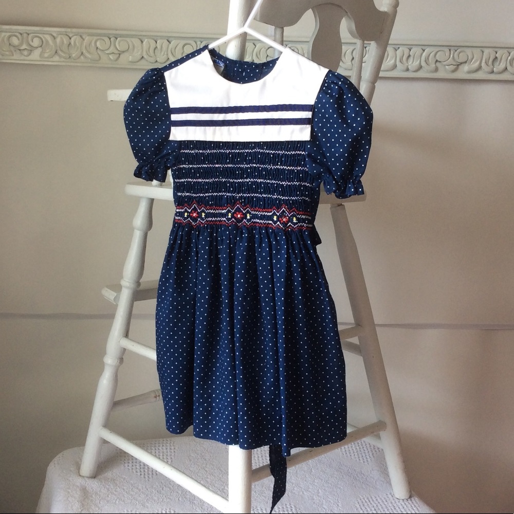 Vintage Polly Flinders Smocked Navy  Dress